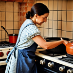 A professional depiction of a Spanish cook, fully clothed in a modest, traditional apron over appropriate attire, gently stirring a large, rustic clay pot of a simmering stew on an old-fashioned stovetop in a warm, authentic kitchen. The room features vintage ceramic tiles and soft natural lighting. The scene highlights the beauty of culinary heritage, the art of slow cooking, and the connection to family traditions. Perfect anatomy, correct proportions, natural pose, well-formed hands, proper finger count, natural body proportions. Safe for work, appropriate content, fully clothed, professional dress, family-friendly, high-quality photography, realistic.