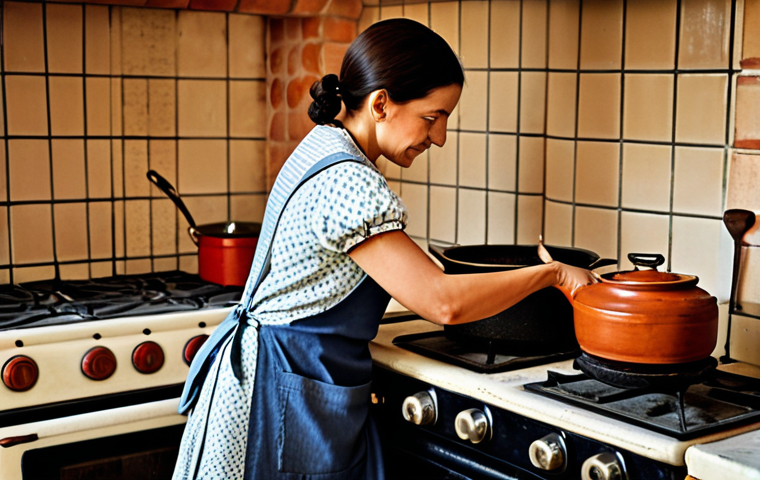 A professional depiction of a Spanish cook, fully clothed in a modest, traditional apron over appropriate attire, gently stirring a large, rustic clay pot of a simmering stew on an old-fashioned stovetop in a warm, authentic kitchen. The room features vintage ceramic tiles and soft natural lighting. The scene highlights the beauty of culinary heritage, the art of slow cooking, and the connection to family traditions. Perfect anatomy, correct proportions, natural pose, well-formed hands, proper finger count, natural body proportions. Safe for work, appropriate content, fully clothed, professional dress, family-friendly, high-quality photography, realistic.