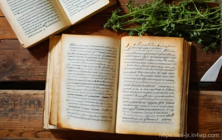 전통 요리 레시피 세대 간 전수 방법 - **Prompt:** A close-up, warm-toned, overhead shot of an ancient, well-worn, hardcover recipe book op...