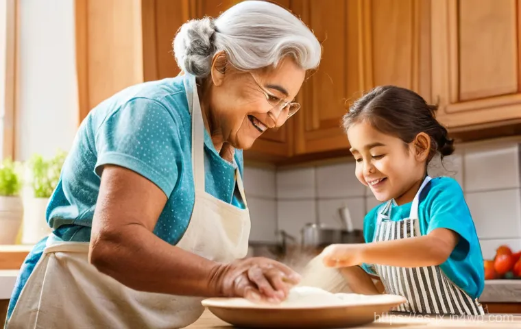 전통 요리 레시피 세대 간 전수 방법 - **Prompt:** A vibrant and dynamic scene in a well-lit, clean, modern kitchen. A woman in her 30s or ...