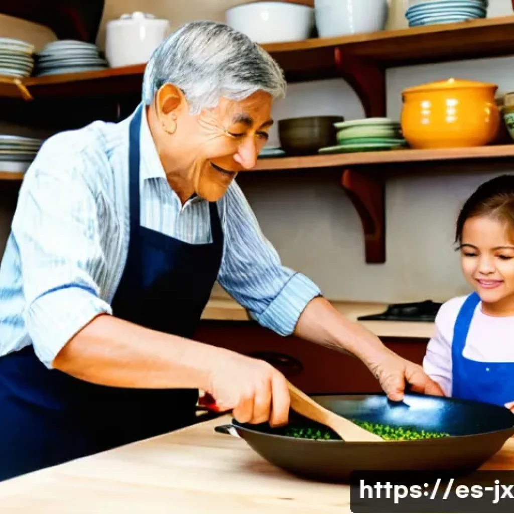 세대 간 레시피 전수의 필요성과 효과 - A warm, cozy Spanish family kitchen scene where three generations—grandparents, parents, and childre...