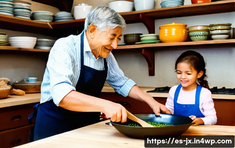 세대 간 레시피 전수의 필요성과 효과 - A warm, cozy Spanish family kitchen scene where three generations—grandparents, parents, and childre...
