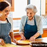 Home 22 세대 간 소통을 위한 요리 레시피 교환 - A warm, multigenerational Spanish family cooking together in a cozy, sunlit kitchen filled with trad...