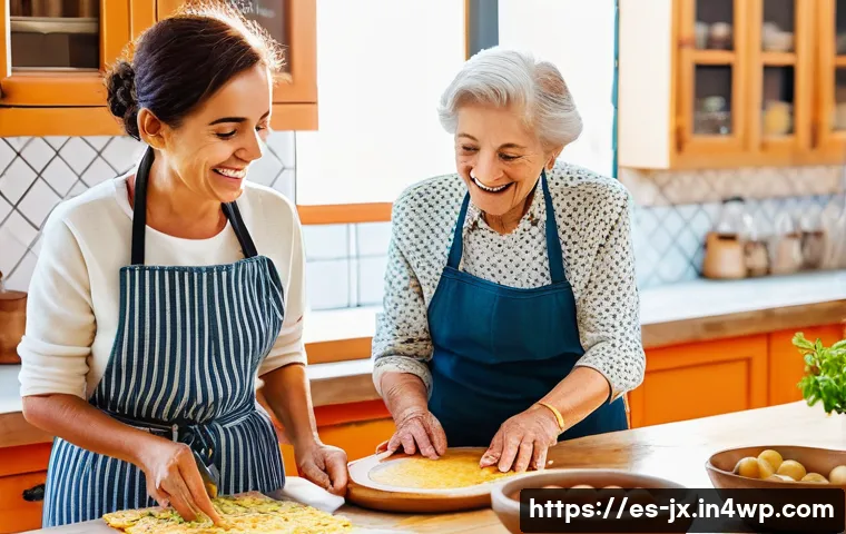 세대 간 소통을 위한 요리 레시피 교환 - A warm, multigenerational Spanish family cooking together in a cozy, sunlit kitchen filled with trad...