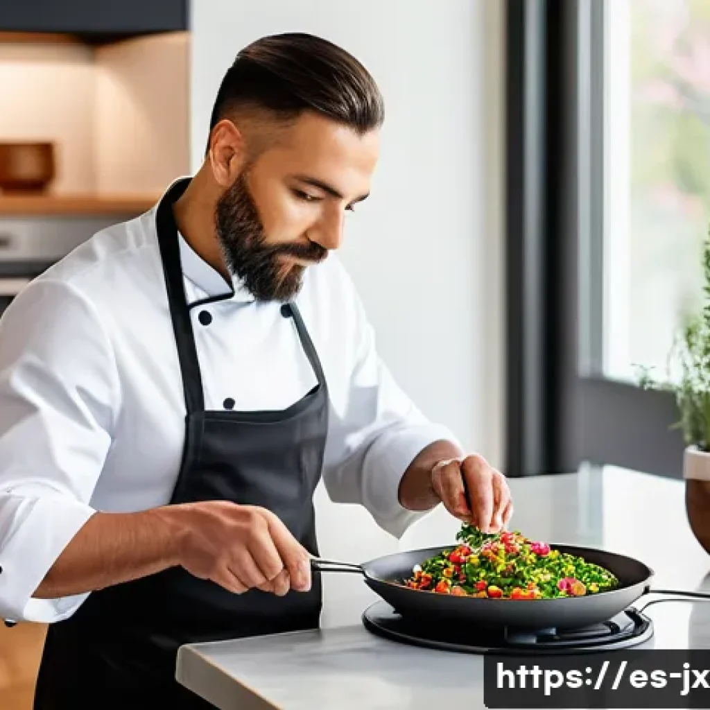 전통 레시피의 현대화 과정 - A vibrant kitchen scene showcasing a modern fusion cooking process: a chef wearing stylish casual at...