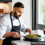 Home 21 전통 레시피의 현대화 과정 - A vibrant kitchen scene showcasing a modern fusion cooking process: a chef wearing stylish casual at...