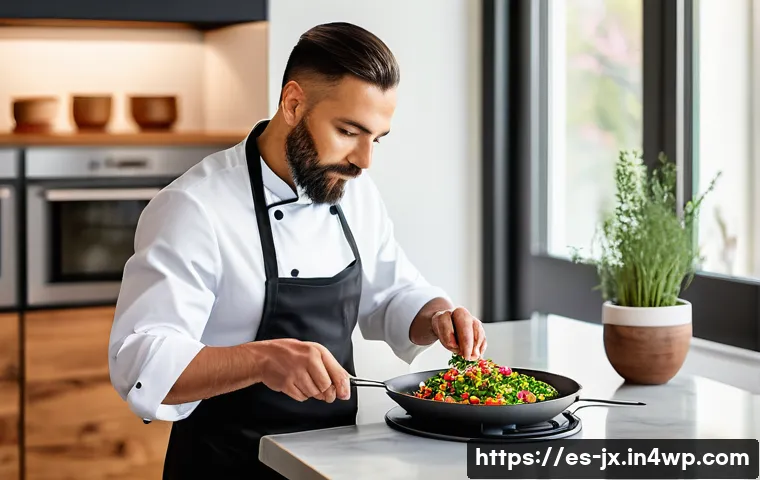 전통 레시피의 현대화 과정 - A vibrant kitchen scene showcasing a modern fusion cooking process: a chef wearing stylish casual at...
