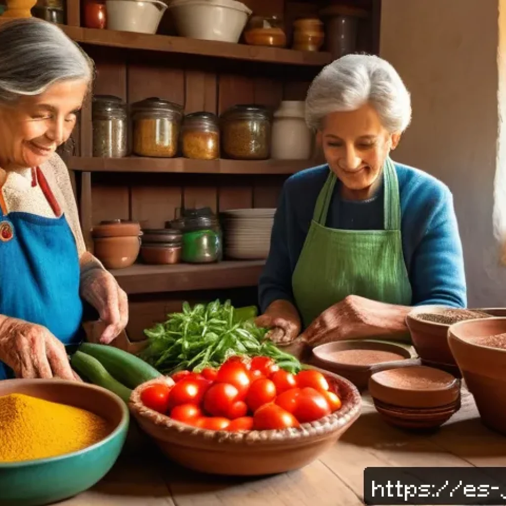 레시피를 세대 간 전수하는 과정 - A warm, cozy Spanish family kitchen scene with multiple generations cooking together around a wooden...