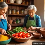 Home 20 레시피를 세대 간 전수하는 과정 - A warm, cozy Spanish family kitchen scene with multiple generations cooking together around a wooden...