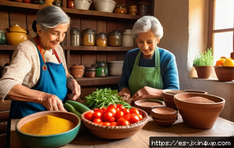 레시피를 세대 간 전수하는 과정 - A warm, cozy Spanish family kitchen scene with multiple generations cooking together around a wooden...