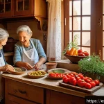 Home 19 효과적인 가족 레시피 기록 방법 - A warm, cozy kitchen scene in a traditional Spanish home during a rainy afternoon, where a grandmoth...