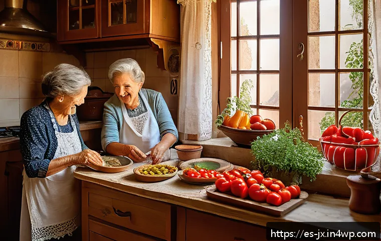 효과적인 가족 레시피 기록 방법 - A warm, cozy kitchen scene in a traditional Spanish home during a rainy afternoon, where a grandmoth...