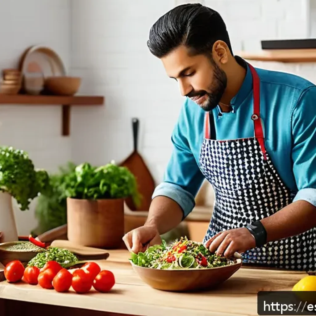전통 식문화의 현대적 재탄생 - A vibrant modern kitchen scene featuring a chef preparing a colorful salad with puffed amaranth, fre...
