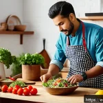 Home 23 전통 식문화의 현대적 재탄생 - A vibrant modern kitchen scene featuring a chef preparing a colorful salad with puffed amaranth, fre...
