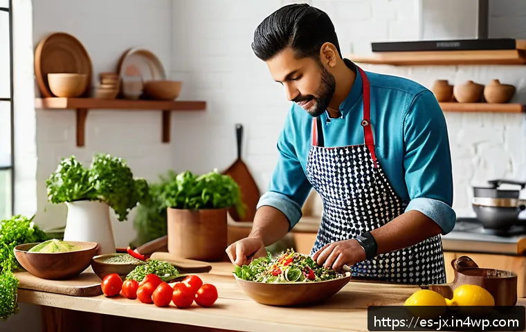 전통 식문화의 현대적 재탄생 - A vibrant modern kitchen scene featuring a chef preparing a colorful salad with puffed amaranth, fre...